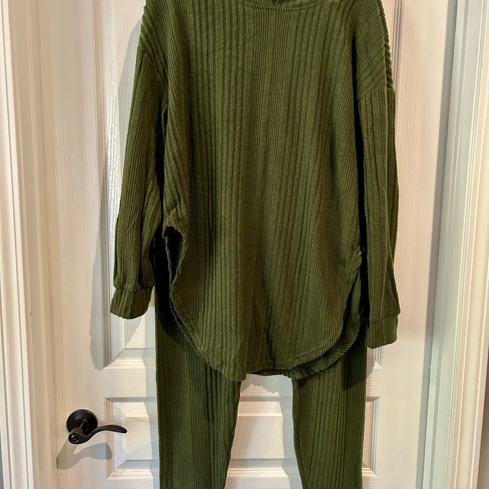 Olive Green Ribbed Knit Sweater and Pants Lounge Set
